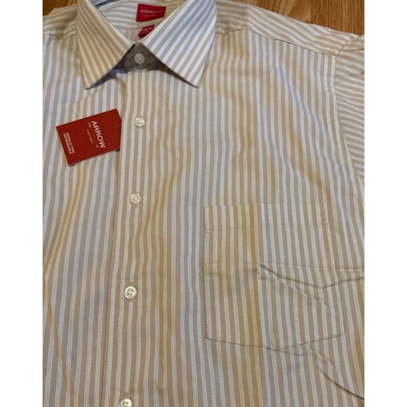 Arrow Dress Shirt Wrinkle-Free Mens 16 Large Tan Striped Long Sleeve Pocket - Picture 5 of 8